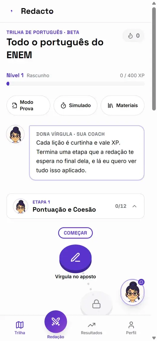 Trilha de lições do Redacto com etapas e o botão Começar