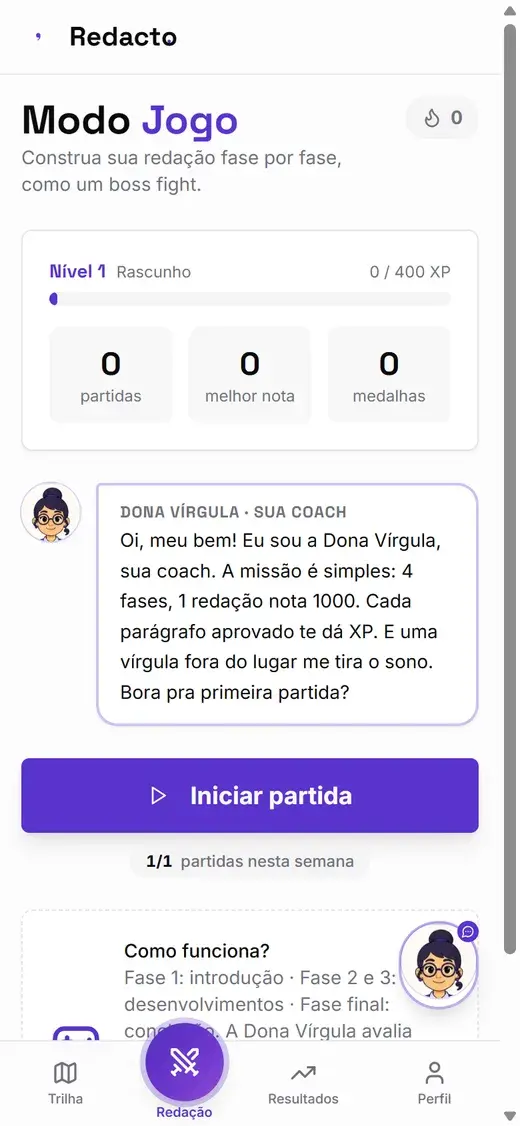 Tela da partida de redação em 4 fases